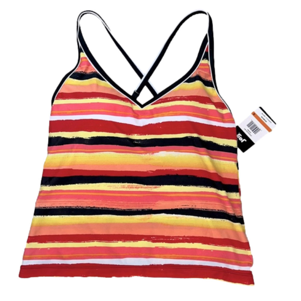 Jag Swim Black, Red, Orange, & Yellow Stripes X Back Tankini Top - Sz Small, NWT